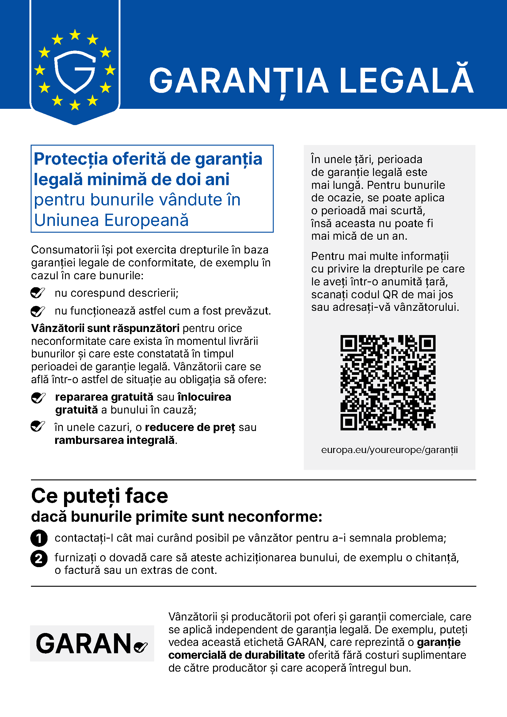 Garanția legală — informarea oficială UE. Textul integral este disponibil mai jos.
